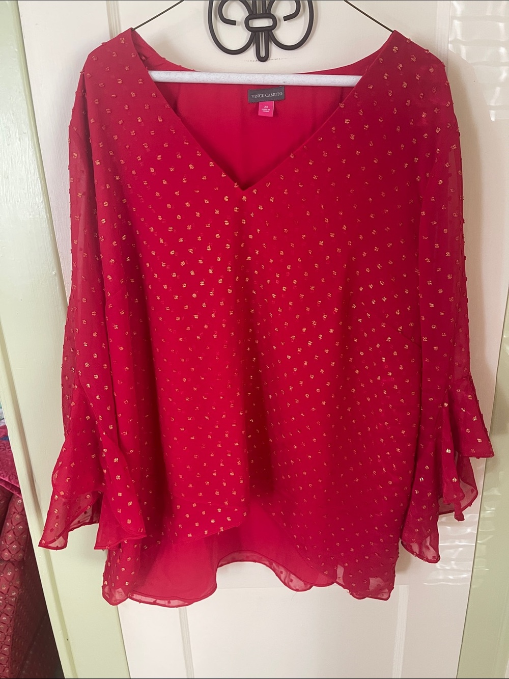 Vince Camuto Red V-Neck Chiffon Plus Size Blouse with Gold Dot Accents